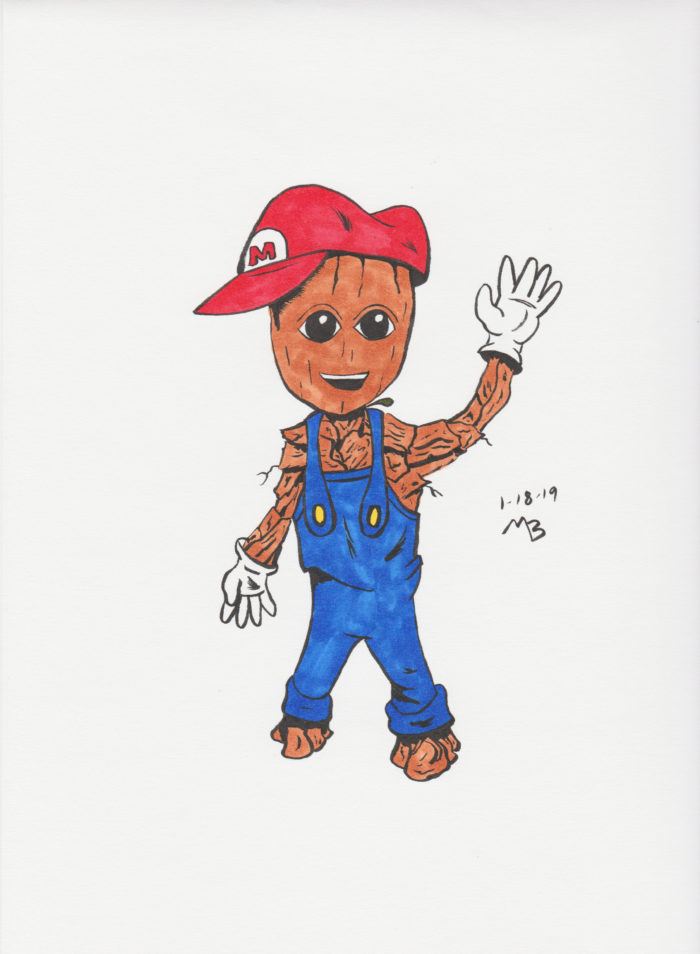 Baby Groot dressed as Super Mario