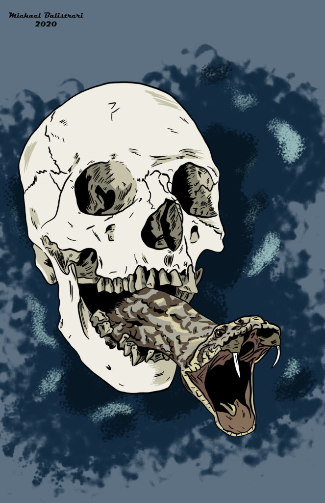 A skull with a snake in its mouth.